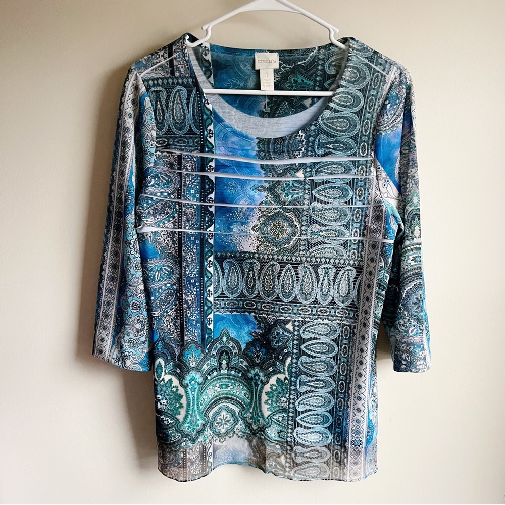 Chicos Blue Embellished Layered Paisley 3/4 Sleeve Blouse size 1